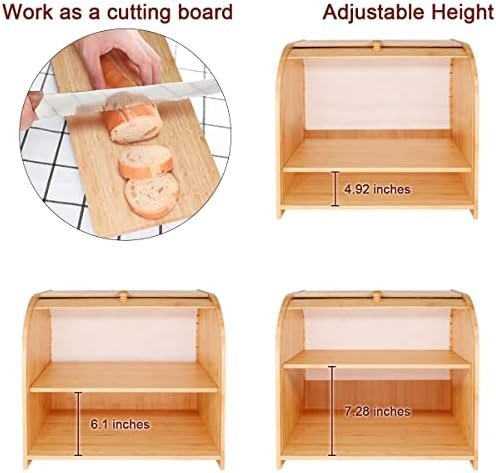 Purbambo Bamboo Bread Box for Kitchen Countertop, Double Layer Roll-top Bread Storage Boxes Food Keeper With Adjustable Middle Shelf - Image 4