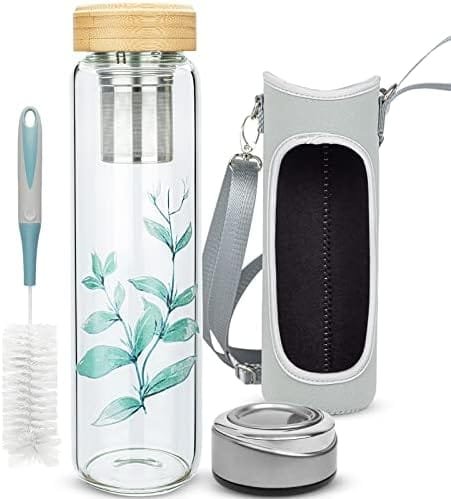 Justfwater 32 oz Glass Water Bottle with Tea Infuser BPA-Free Glass Tea Tumbler with Sleeve & 2 Lids Reusable Travel Mug for Loose Tea, Coffee, Fruit (Leaves) - Image 2