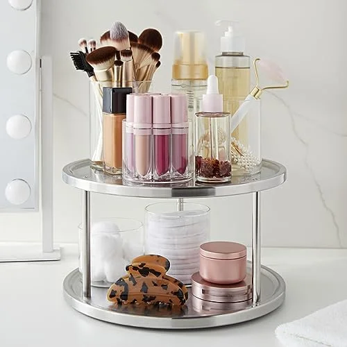 2 Tier Lazy Susan Turntable Organizer for Cabinet, Revolving Spice Rack Carousel for Kitchen Pantry Storage, Stainless Steel (10.5 in) - Image 3