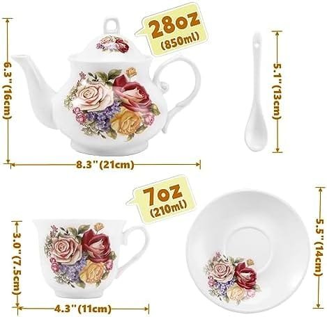 Tea Sets 20-Piece Coffee (7oz) Tea Cup Set Ceramic Vintage Flower European Style,Tea Set for Women Tea Party Afternoon (28oz) Teapot Set Tea Supplies Tea Cup and Saucer Set - Image 4