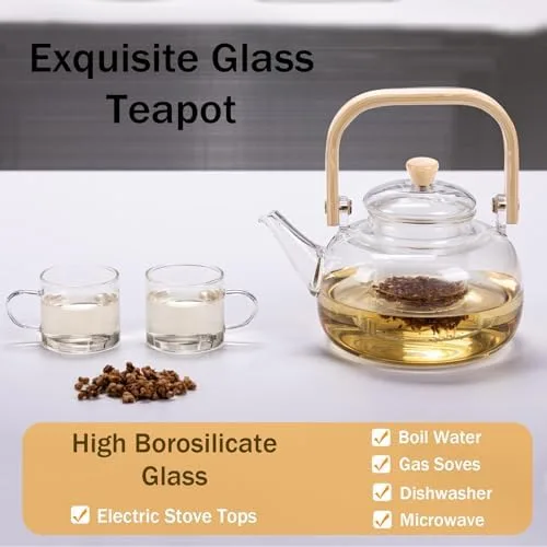 Motanber Glass Teapot|Stovetop & Microwave Safe Teapot|34oz(1000ml)|for Blooming flower tea and Loose Leaf tea Maker Set (1 teapot & 6 cups) - Image 5
