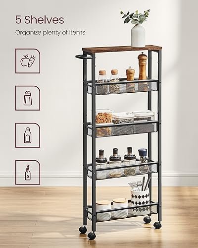 VASAGLE Slim Rolling Cart, 5-Tier Storage Cart, Narrow Cart with Handle, 5.1 Inches Deep, Metal Frame, for Kitchen, Dining Room, Living Room, Home Office, Rustic Brown and Black ULRC034B01 - Image 5