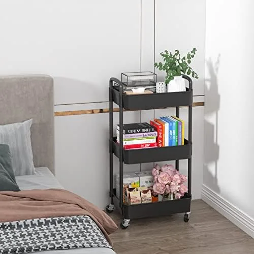 Sywhitta 3-Tier Plastic Rolling Utility Cart with Handle, Multi-Functional Storage Trolley for Office, Living Room, Kitchen, Movable Storage Organizer with Wheels, Black - Image 7