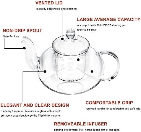 Glass Teapot Set, 27OZ/800ML Stovetop Safe Glass Tea Kettle with 6 Small Double Wall Tea Cups & Loose Tea Infuser & Tea Warmer, Microwave & Dishwasher Safe Tea Maker, Blooming Tea Gift Set For Women - Image 4