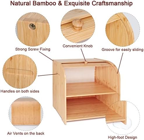 Purbambo Bamboo Bread Box for Kitchen Countertop, Double Layer Roll-top Bread Storage Boxes Food Keeper With Adjustable Middle Shelf - Image 5