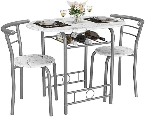 JUMMICO 3-Piece Wooden Round Table & Chair Set, Space Saving Kitchen Breakfast Nook Wood Grain Tabletop with Metal Frame and Built-in Wine Rack for Kitchen, Dining Room (White/Silver) - Image 2