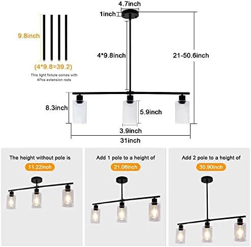 TYNEWRGY Black Kitchen Island Lighting, 3-Light Modern Pendant Light Fixture with Glass Shades, Rustic Farmhouse Chandelier, Hanging Light fixtures for Kitchen Island Living Dining Room Bedroom Foyer - Image 4