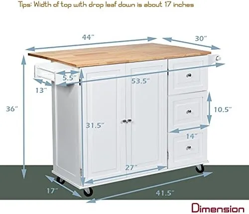 GLACER Kitchen Island Cart on Wheels, Rolling Kitchen Island with Drop Leaf Top, Kitchen Trolley Cart with Drawers, Towel Rack & Bottle Rack, 53.5 x 30 x 36 inches (White) - Image 5