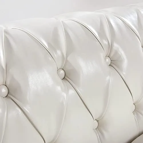 85" Chesterfield Fabric 3 Seater Couch-2 Set 39" Single Chair Set Furniture,Upholstered Sofa with Tufted Back,Roll Arm Classic Chesterfield Settee Couches for Living Room,Office (White + PU) - Image 7