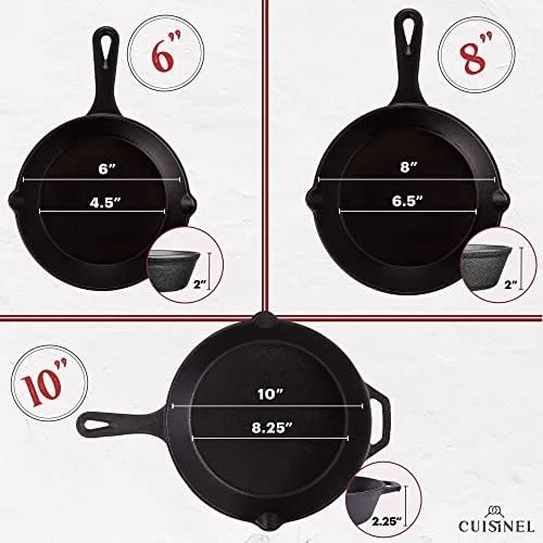 Cuisinel Cast Iron Skillets Set - 3-Piece: 6" + 8" + 10"-Inch Chef Frying Pans - Pre-Seasoned Cookware + 3 Heat-Resistant Handle Cover Grips - Indoor/Outdoor Use - Grill, Stove, BBQ, Fire, Oven Safe - Image 4