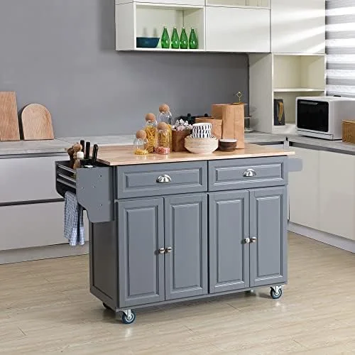 HOMCOM Rolling Kitchen Island on Wheels, Kitchen Cart with Solid Wood Drop Leaf Breakfast Bar, Storage Drawers, 4-Door Cabinets, Spice Rack, Dark Gray - Image 3