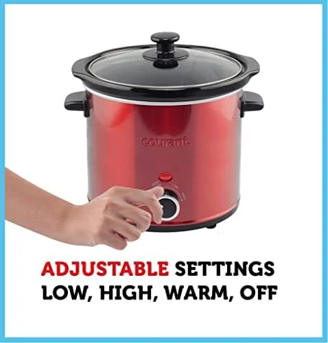 Courant Slow Cooker 3.2 Quart Crock Dishwasher Safe Stainproof Pot and Glass Lid, Round Manual Slow Cooker, Red Stainless Steel - Image 4