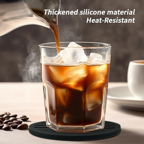 Ouzoustate Coasters for Drinks 8pcs with Holder-Silicone Coasters for Tabletop Protection-Heat Resistant and Non Slip Thickened Coasters for Coffee Table (Black) - Image 5