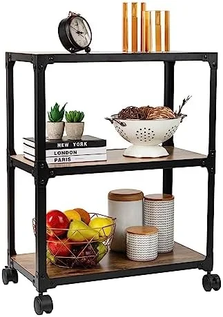 Mind Reader Woodland Collection, Rolling 3-Tier Kitchen Microwave Cart, Utility Cart, Bar Cart, Omnidirectional Smooth Gliding Lockable Wheels, Wood and Metal, 23"L x 12"W x 29.5"H, Brown - Image 2