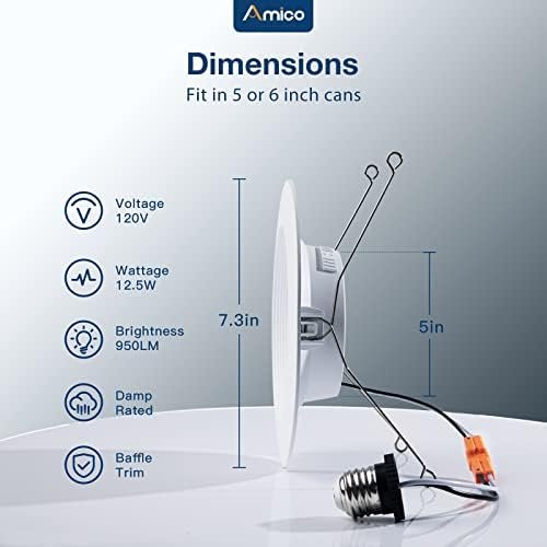 Amico 5/6 inch 5CCT LED Recessed Lighting 12 Pack, Dimmable, Damp Rated, 12.5W=100W, 950LM Can Lights with Baffle Trim, 2700K/3000K/4000K/5000K/6000K Selectable, Retrofit Installation - ETL & FCC - Image 7