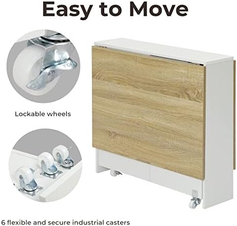 Tiptiper Folding Dining, Versatile Dinner Table with 6 Wheels and 2 Storage Racks, Space Saving Kitchen, Dining Room Table, 31.5 in x 51.2 in x 28.4 in, Pear Wood Color and White - Image 4