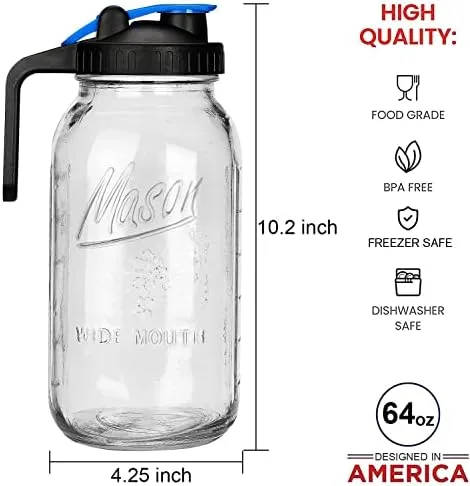 Half Gallon Mason Jar Pitcher Large Wide Mouth 64 oz with Lid - 2 Quart for Iced Tea, Sun Lemonade, Coffee, Airtight, Set of 1 - Image 3