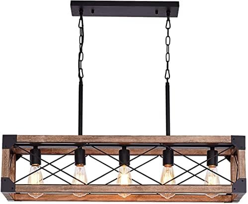 Airposta Kitchen Island Lighting, 33.5-Inch 5 Lights Farmhouse Linear Chandelier for Dining Room Pool Table Pendant Light Fixture, Rustic Wood Grain Finish, Industrial Pendant Light - Image 2