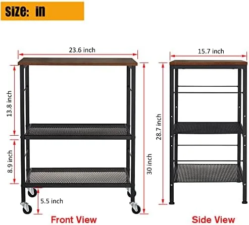 Microwave Oven Stand, Kitchen Baker's Rack 3-Tier Mesh Kitchen Storage Cart with Metal Frame Industrial Wood Accent Furniture for Living Room, Bedroom, Kitchen - Rustic Brown - Image 3