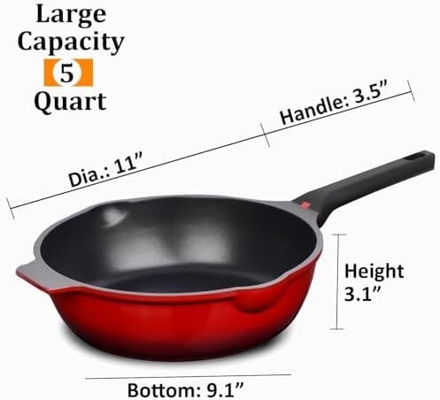 Non Stick Frying Pan with Lid, 11 IN 100% PFOA Free Saute Pan for Cooking, 5 Quart Food Grade Aluminum Chef Pan for Kitchen, Gas, Stove Top, Induction Deep Pan Easy to Clean, Large Skillet for Gift - Image 8