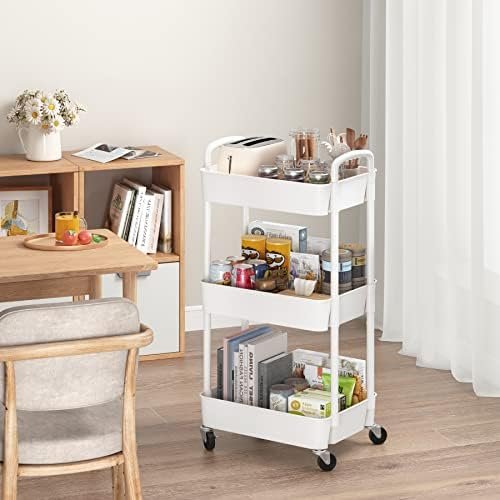Sywhitta 3-Tier Plastic Rolling Utility Cart with Handle, Multi-Functional Storage Trolley for Office, Living Room, Kitchen, Movable Storage Organizer with Wheels, White - Image 4