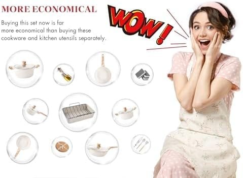 Pots and Pans Set - Caannasweis Kitchen Nonstick Cookware Sets Granite Frying Pans for Cooking Marble Stone Pan Sets Kitchen Essentials Set (Roasting Pan Beige) - Image 7