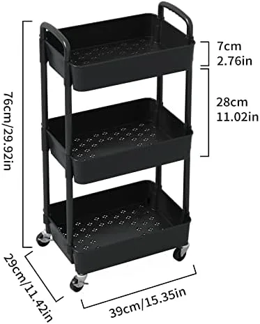 Sywhitta 3-Tier Plastic Rolling Utility Cart with Handle, Multi-Functional Storage Trolley for Office, Living Room, Kitchen, Movable Storage Organizer with Wheels, Black - Image 3