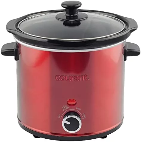 Courant Slow Cooker 3.2 Quart Crock Dishwasher Safe Stainproof Pot and Glass Lid, Round Manual Slow Cooker, Red Stainless Steel - Image 2