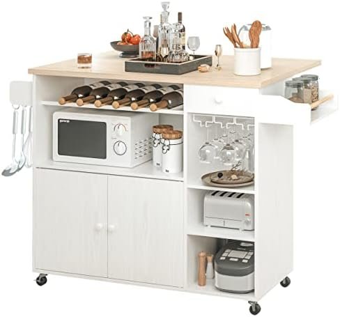 IRONCK Rolling Kitchen Island Cart with Drop-Leaf and Wine Rack, Microwave Rack Serving Cart on Wheels with Drawer & Shelves & Spice Rack & Cup Hanging, White - Image 2