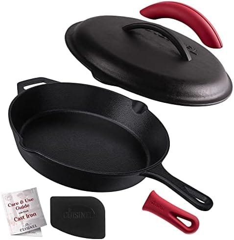 Cuisinel Cast Iron Skillet with Lid - 12"-inch Pre-Seasoned Covered Frying Pan Set + Silicone Handle & Lid Holders + Scraper/Cleaner - Indoor/Outdoor, Oven, Stovetop, Camping Fire, Grill Safe Cookware - Image 2