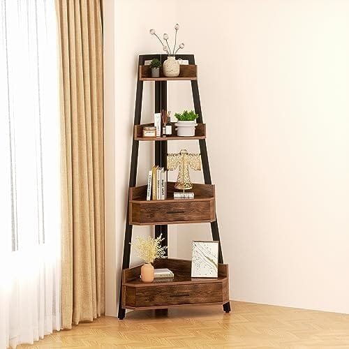 Elsie&Mi 55.1 Inch Tall Corner Shelf, 4-Tire 2 Drawers Corner Cabinet, Storage Rack for Living Room, Office, Kitchen, Basement, Bedroom, Rustic Brown - Image 7