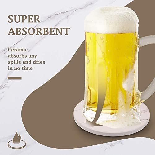 Coasters for Drinks, Absorbent Ceramic Stone Coasters Set with Metal Holder Stand, Cork Base, Marble Surface Pattern, Cups Place Mats for Home Decor, Set of 6 - White - Image 7