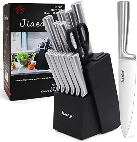 Knife Sets for Kitchen with Block, Jiaedge 15 Pieces German High Carbon Stainless Steel Knives Set with Built-in Sharpener for Cooking & Cutting, Dishwasher Safe, (Black&Silver) - Image 2