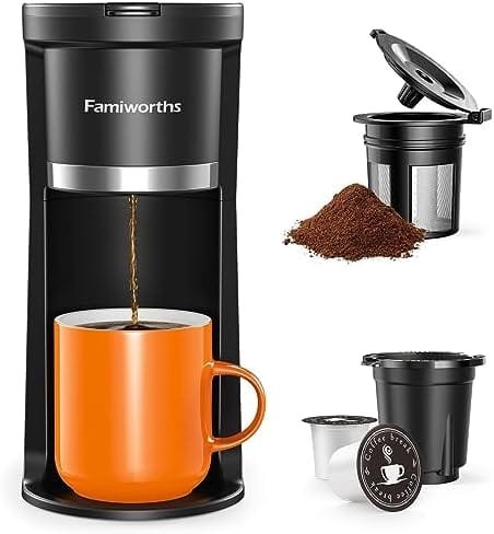 Famiworths Mini Coffee Maker Single Serve, Instant Coffee Maker One Cup for K Cup & Ground Coffee, 6 to 12 Oz Brew Sizes, Capsule Coffee Machine with Water Window and Descaling Reminder, Black - Image 2