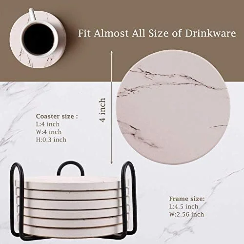 Coasters for Drinks, Absorbent Ceramic Stone Coasters Set with Metal Holder Stand, Cork Base, Marble Surface Pattern, Cups Place Mats for Home Decor, Set of 6 - White - Image 6
