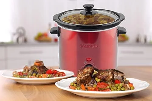 Courant Slow Cooker 3.2 Quart Crock Dishwasher Safe Stainproof Pot and Glass Lid, Round Manual Slow Cooker, Red Stainless Steel - Image 5