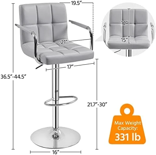 Yaheetech Modern Bar Stools Set of 2 Swivel Kitchen Stool Height Adjustable Square Counter Stool with Back&Armrest PU Leather Stool, Light Grey - Image 4