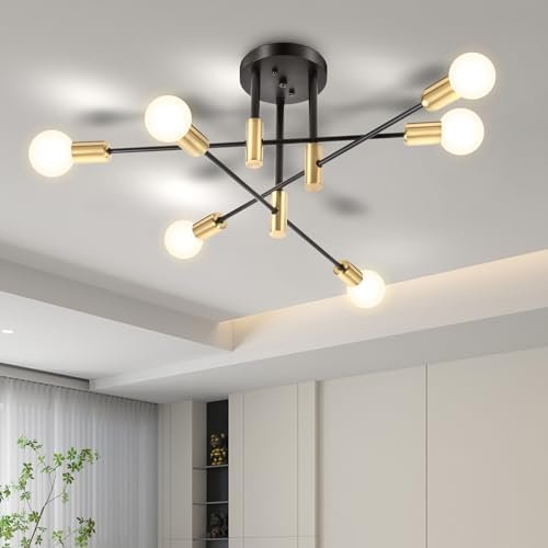 Sputnik Chandelier Modern Ceiling Light Fixture with 6 Lights Black Gold Mid Century Mount Ceiling Lights Fixture for Bedroom, Dining Room, Living Room, Kitchen, E26 Base, Bulbs Not Included - Image 2