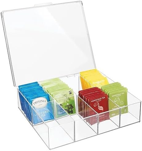 mDesign Plastic Tea Bag Divided Storage Organizer Container Box with Hinge Lid for Kitchen Cabinet, Countertop, Pantry, Holds Tea Bags, Seasoning Packets, Condiments, 8 Sections, Clear - Image 2