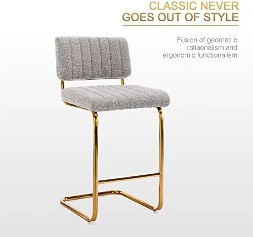 Zesthouse Mid-Century Counter Height Bar Stools Set of 2, 26 Inch Upholstered Boucle Fabric Counter Stools with Channel Tufting for Kitchen Island, Modern Armless Bar Chairs with Back & Gold Base - Image 4