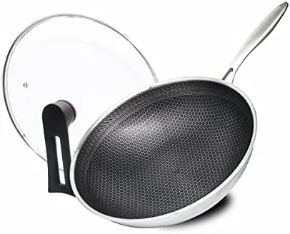 Cyrder Stainless Steel Wok with Lid, Nonstick Skillet/Saucepan, 18/8 Food Grade steel, Hybrid Hex Tech, Induction Cooker Compatible, Easy Clean/Wear-resistance/Dishwasher safe, 12.5inch - Image 2