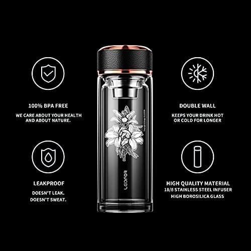 LEIDFOR Tea Infuser Bottle - BPA Free Double Wall Glass Travel Tea Mug With Stainless Steel Filter - Leakproof Tea Tumbler with Strainer for Loose Leaf Tea and Fruit Water 17 oz Lily - Image 5