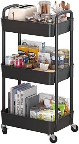 Sywhitta 3-Tier Plastic Rolling Utility Cart with Handle, Multi-Functional Storage Trolley for Office, Living Room, Kitchen, Movable Storage Organizer with Wheels, Black - Image 2