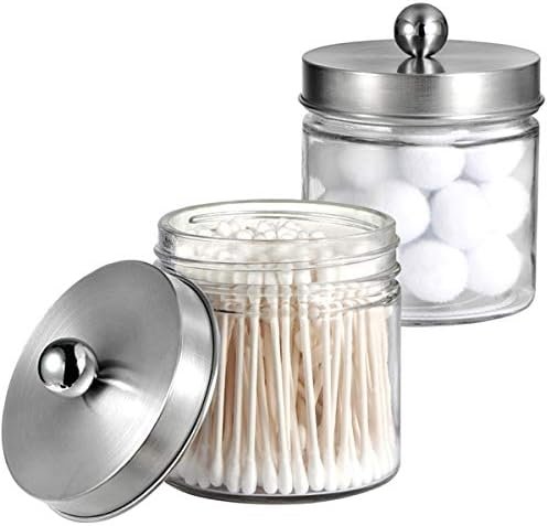 Bathroom Vanity Glass Storage Organizer Holder Canister Apothecary Jars for Cotton Swabs, Rounds, Balls, Qtips,Makeup Sponges, Flossers,Bath Salts - 2 Pack, Clear (Brushed Nickel) - Image 2