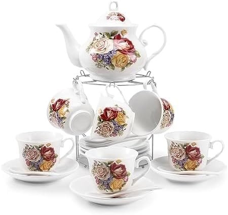 Tea Sets 20-Piece Coffee (7oz) Tea Cup Set Ceramic Vintage Flower European Style,Tea Set for Women Tea Party Afternoon (28oz) Teapot Set Tea Supplies Tea Cup and Saucer Set - Image 2