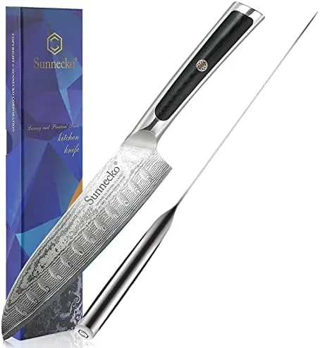 Sunnecko Santoku Knife 7 inch, Damascus Chef Knife VG-10 Steel Blade Japanese Style Knife, Sharp Kitchen Knife with G10 Inlaid Handle Cooking Knife Perfect for Professional Home Use Cutting Knife - Image 10