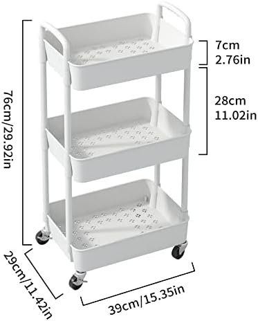 Sywhitta 3-Tier Plastic Rolling Utility Cart with Handle, Multi-Functional Storage Trolley for Office, Living Room, Kitchen, Movable Storage Organizer with Wheels, White - Image 3