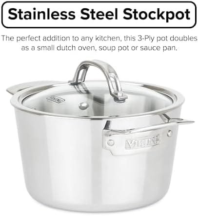 Viking Culinary Contemporary 3-Ply Stainless Steel Soup Pot, 3.4 Quart, Includes Glass Lid, Dishwasher, Oven Safe, Works on All Cooktops including Induction - Image 3