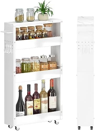 XYZLVSI Slim Storage Cart, 5 in Width, 4-Tier White Rolling Cart with Handle & Wooden Top for Kitchen Bathroom Laundry Narrow Places - Image 2