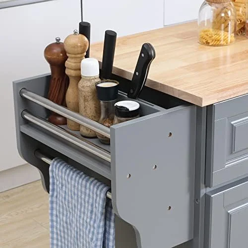 HOMCOM Rolling Kitchen Island on Wheels, Kitchen Cart with Solid Wood Drop Leaf Breakfast Bar, Storage Drawers, 4-Door Cabinets, Spice Rack, Dark Gray - Image 10